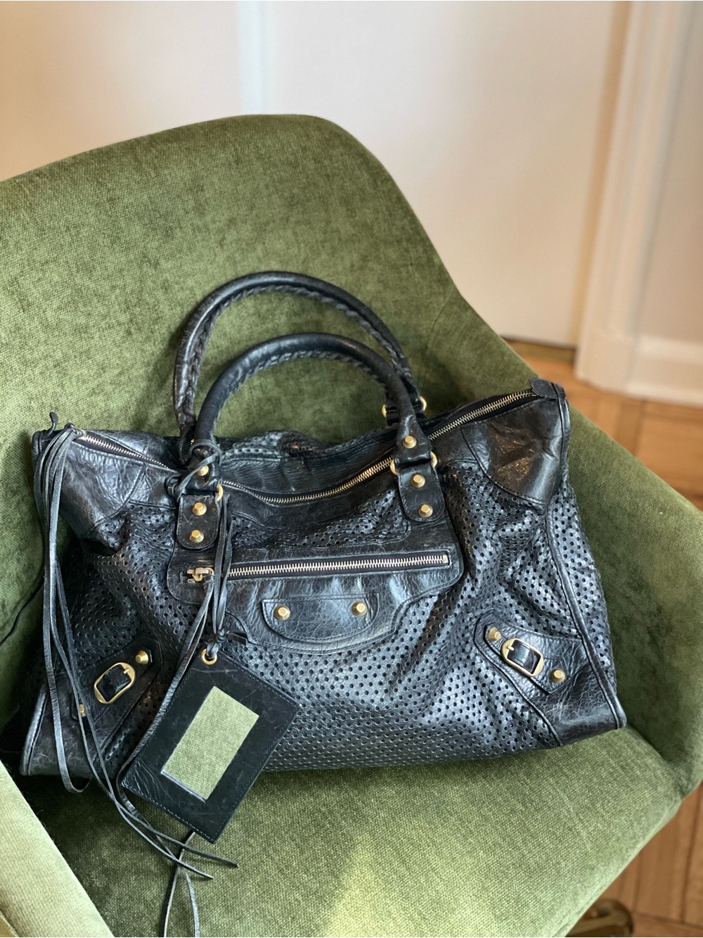 Balenciaga Black Perforated Work Leather Bag with Gold Hardware Strap and Mirror